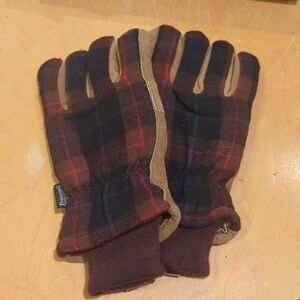 Thinsulate Work Gloves Brown Leather Red Plaid Wool Back
